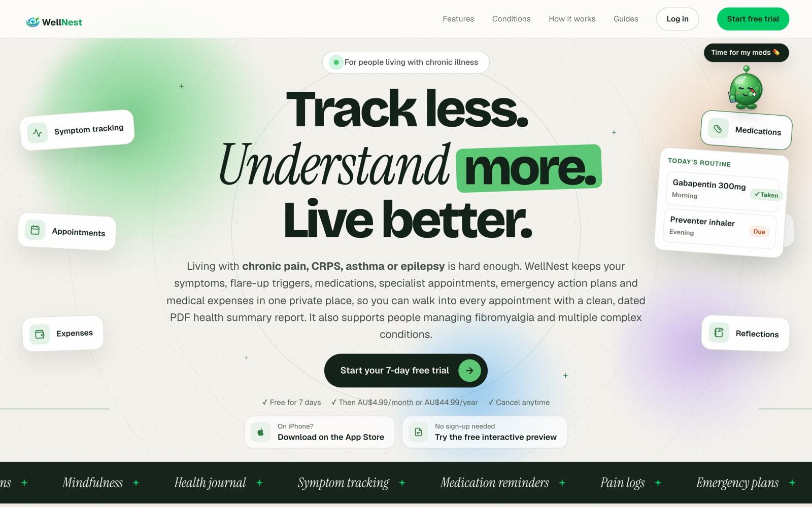 WellNest’s homepage after: the floating cards sit clear of the text, one line explains the price, and the trial is the only sign-up.
