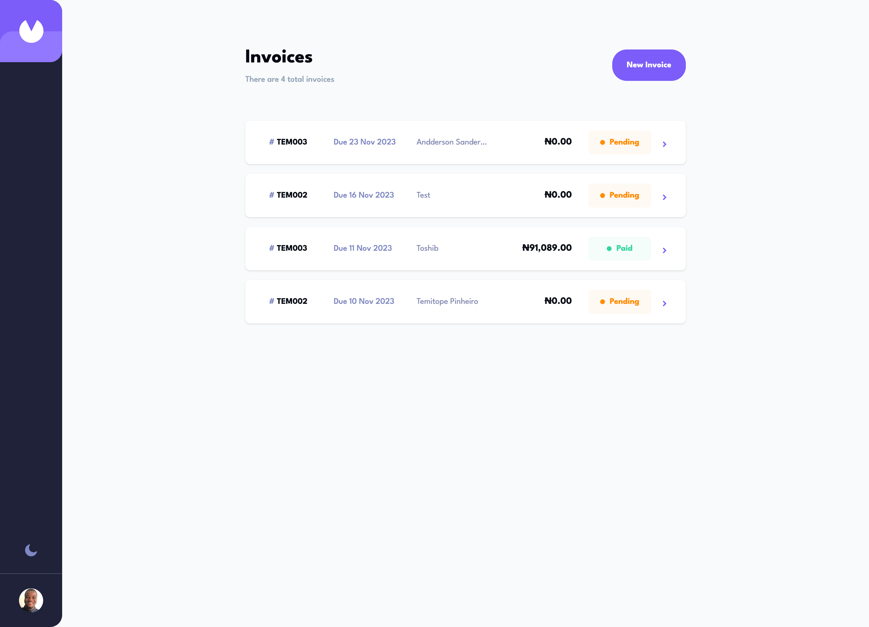 Screenshot of the Fullstack Invoice App project