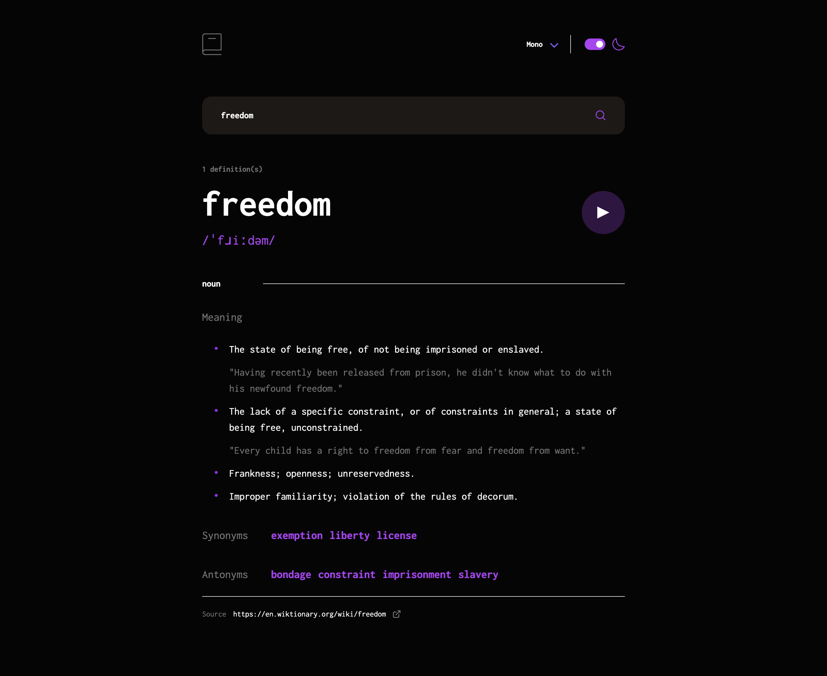 Screenshot of the Dictionary App project